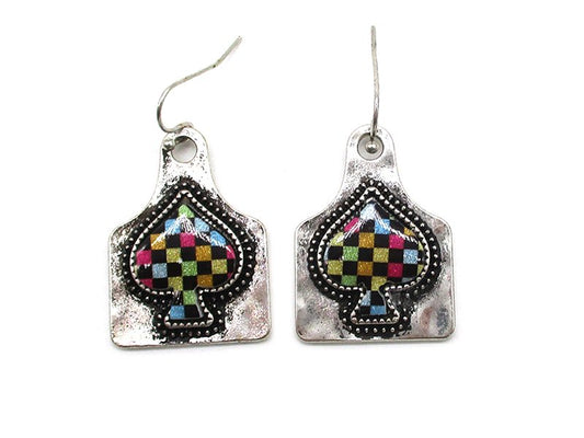 Rainbow Checkered Spade Cattle Tag Dangle Earring