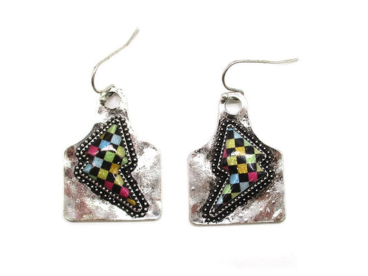 Rainbow Checkered Thunder Bolt Cattle Tag Dangle Earring