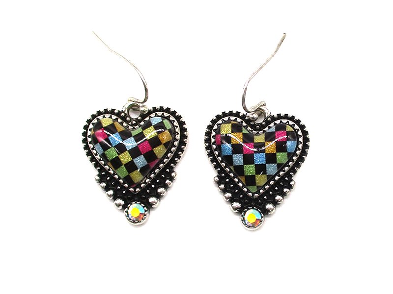 Rainbow Checkered Heart Dangle Earring