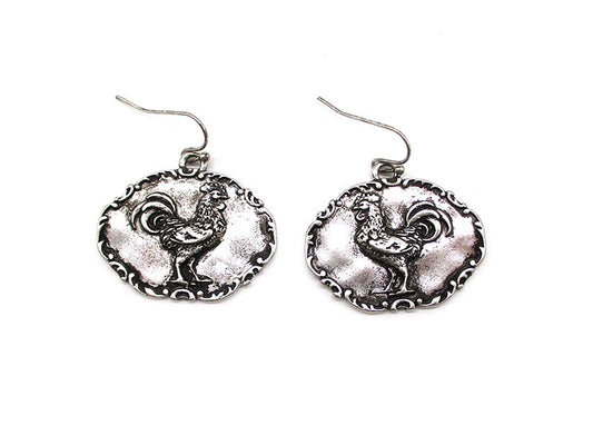 Western Metal Plate Rooster Dangle Earring