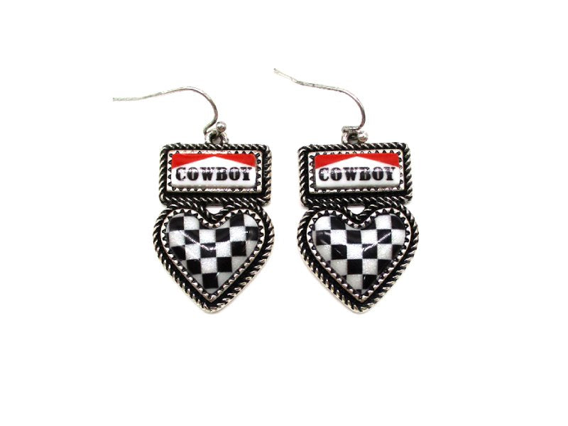 Western Checkered Heart Cowboy Dangle Earring
