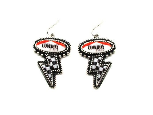 Western Checkered Lightning Cowboy Dangle Earring