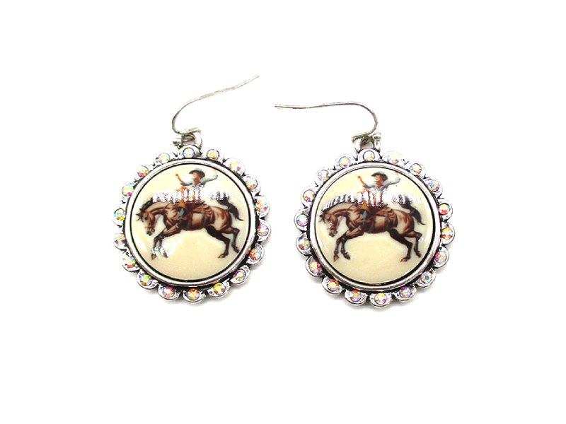 Western Round Portrait AB Stone Dangle Earring