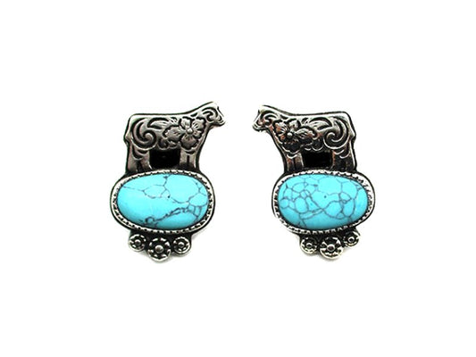 Western Etched Cow Turquoise Post Earring