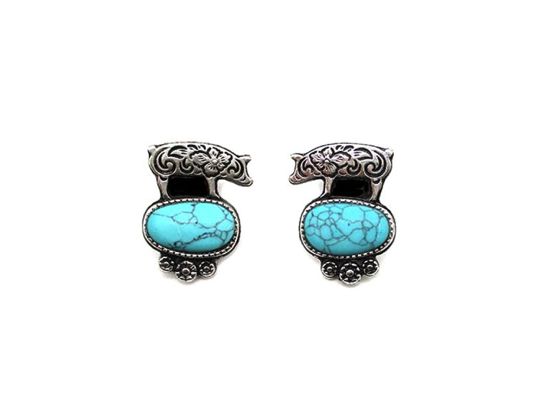 Western Etched Pig Turquoise Post Earring