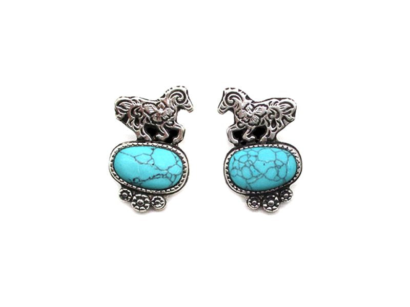 Western Etched Running Horse Turquoise Post Earring