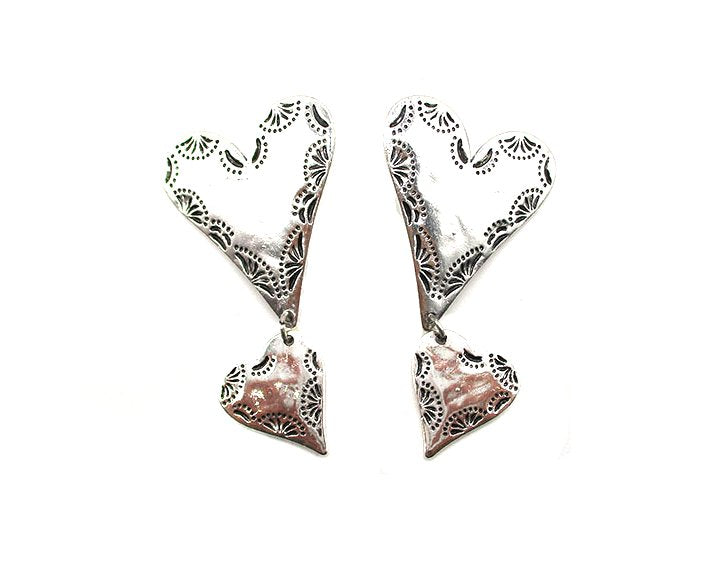 Western Etched Double Heart Dangle Earring