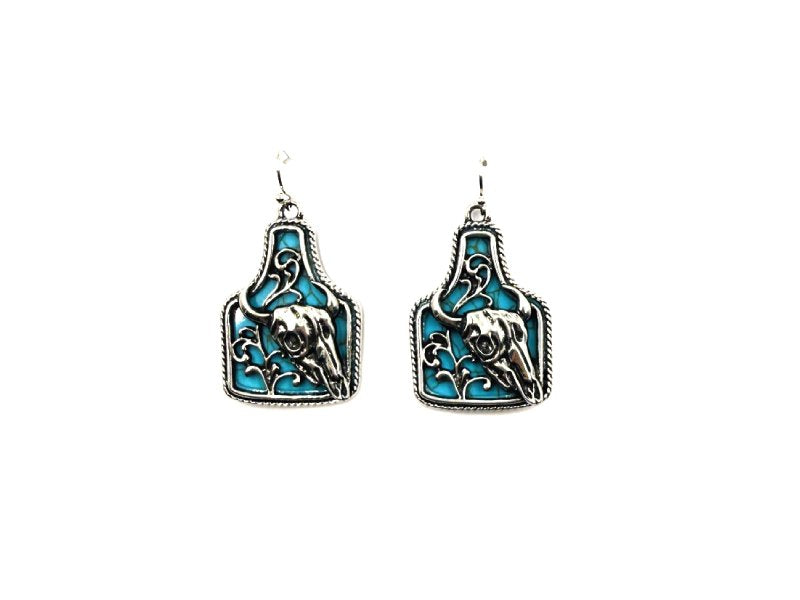 Western Turquoise Cattle Tag Steerhead Dangle Earring