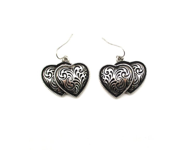 Western Etched Double Heart Dangle Earring