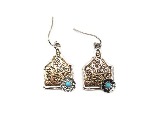 Western Cattle Tag Flower Two Tone Dangle Earring