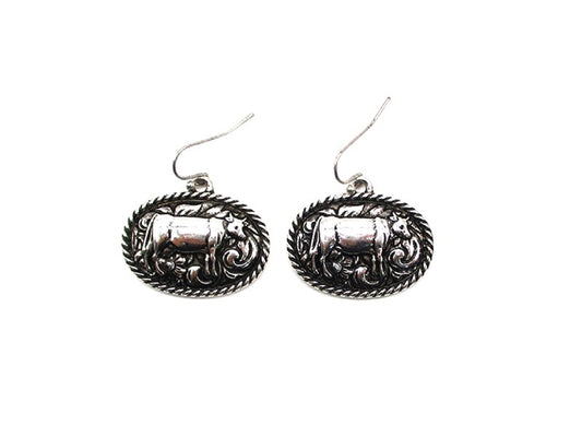 Western Etched Cow Oval Dangle Earring