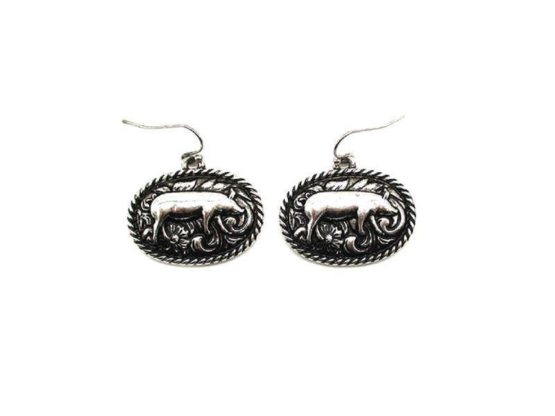 Western Etched Pig Oval Dangle Earring