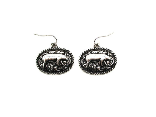 Western Etched Pig Oval Dangle Earring