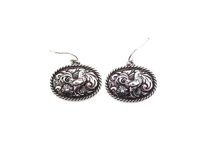 Western Etched Rooster Oval Dangle Earring