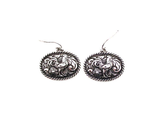 Western Etched Rooster Oval Dangle Earring
