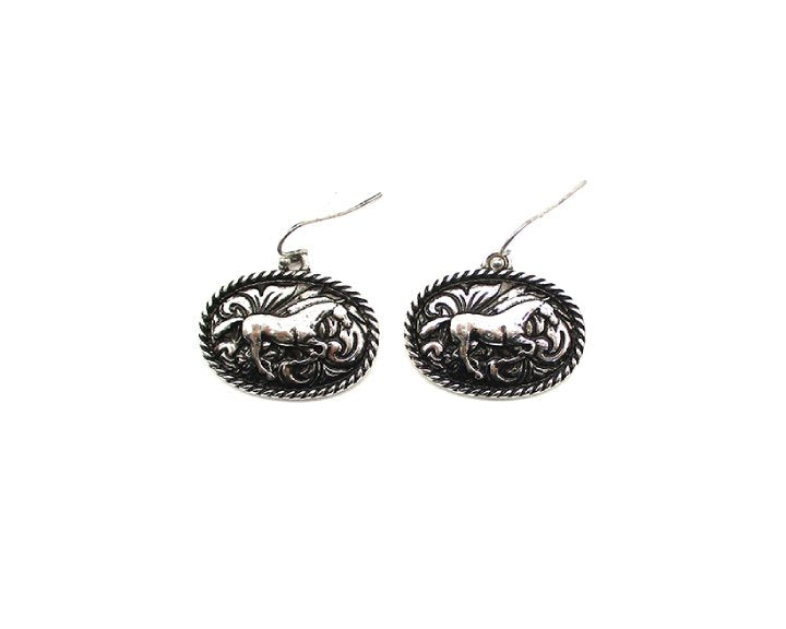 Western Etched Horse Oval Dangle Earring