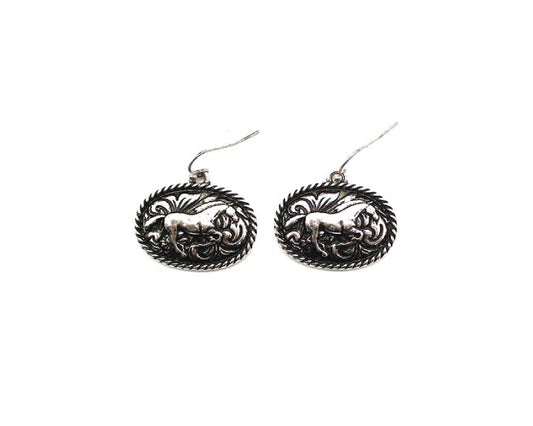 Western Etched Horse Oval Dangle Earring