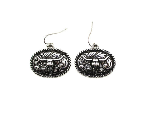 Western Etched Steerhead Oval Dangle Earring