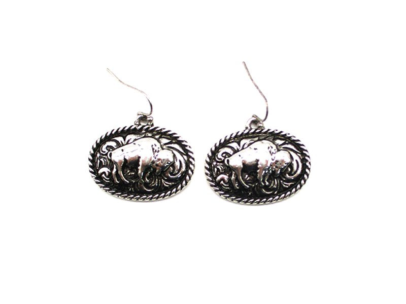 Western Etched Buffalo Oval Dangle Earring