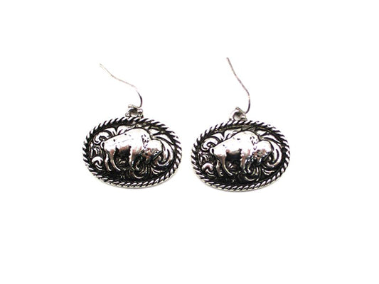 Western Etched Buffalo Oval Dangle Earring