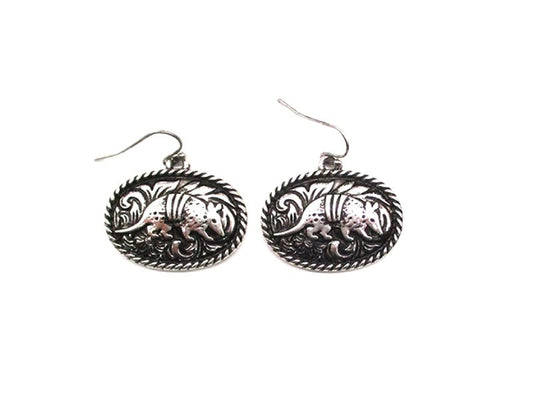 Western Etched Armadillo Oval Dangle Earring