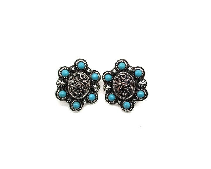 Western Engraved Oval Turquoise Stud Earring