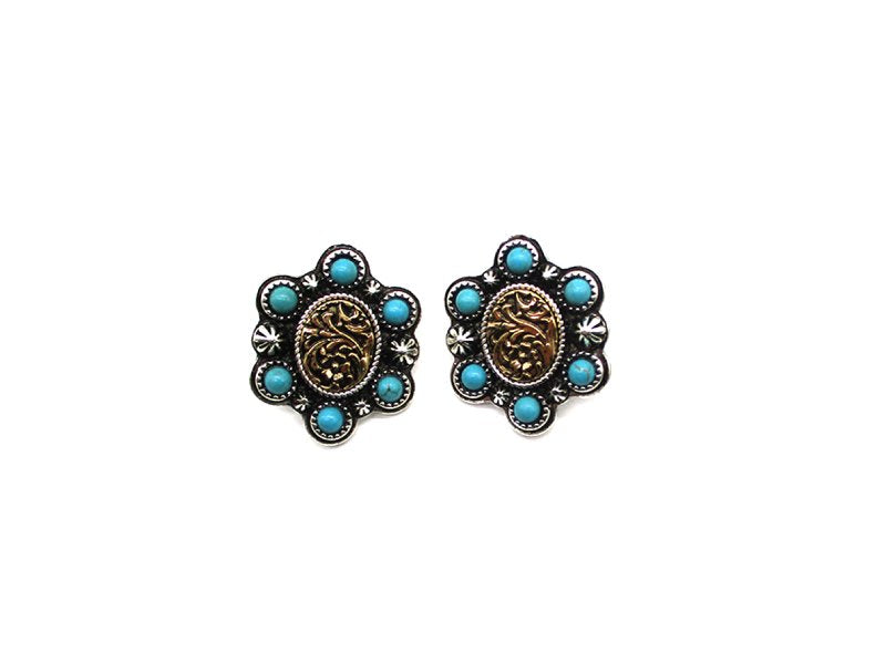 Western Engraved Oval Turquoise Two Tone Stud Earring
