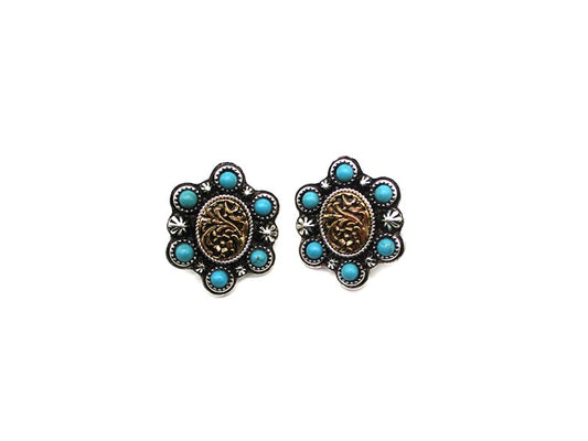 Western Engraved Oval Turquoise Two Tone Stud Earring