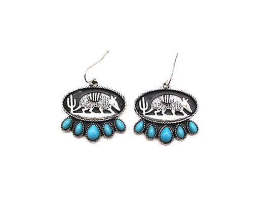 Western Engraved Armadillo Oval Dangle Earring
