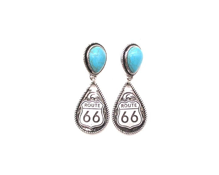 Western Engraved Teardrop Route 66 Turquoise Dangle Earring