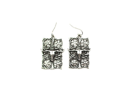 Western Engraved Steerhead Plated Dangle Earring