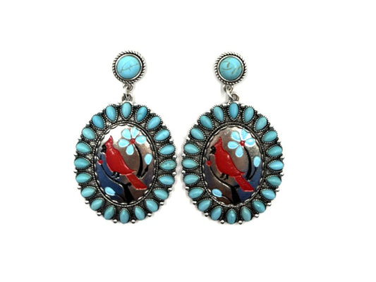 Western Oval Cardinal Turquoise Dangle Earring