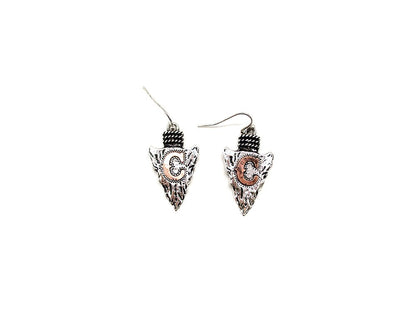Western Two Tone Arrow Head Initial Dangle Earring