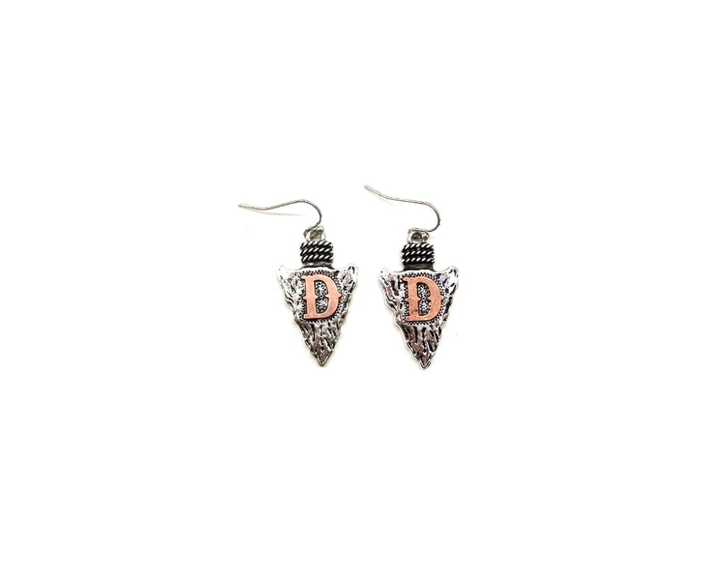 Western Two Tone Arrow Head Initial Dangle Earring