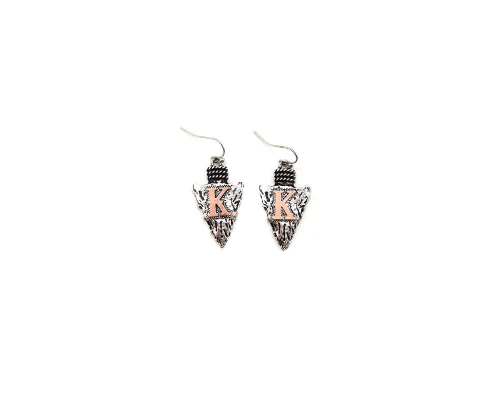 Western Two Tone Arrow Head Initial Dangle Earring