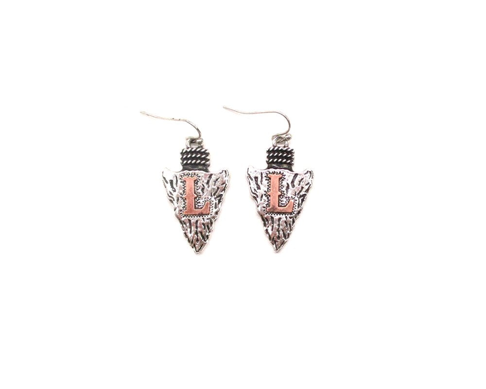 Western Two Tone Arrow Head Initial Dangle Earring