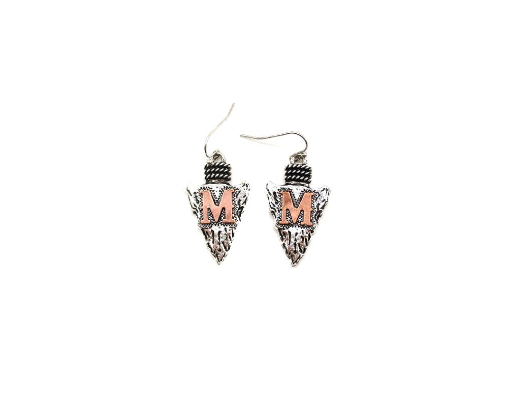 Western Two Tone Arrow Head Initial Dangle Earring