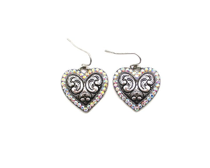 Western AB Stone Engraved Heart Dangle Earring