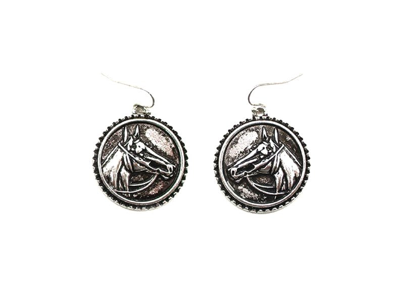 Western Round Black Horse Dangle Earring