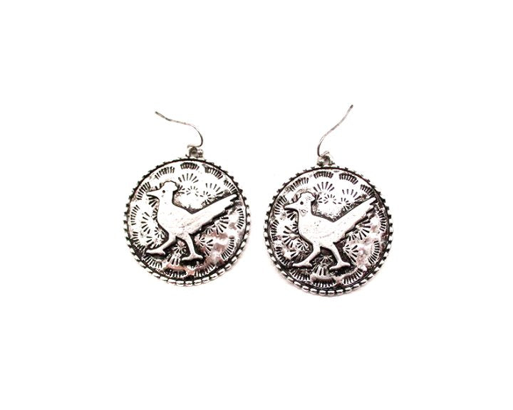 Western Round Road Runner Plate Dangle Earring