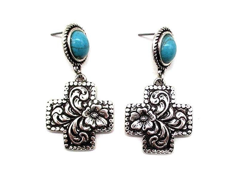 Western Etched Cross Turquoise Earrings