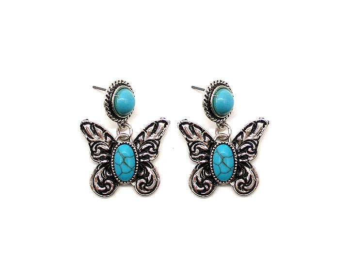 Western Butterfly Engraved Turquoise Earrings