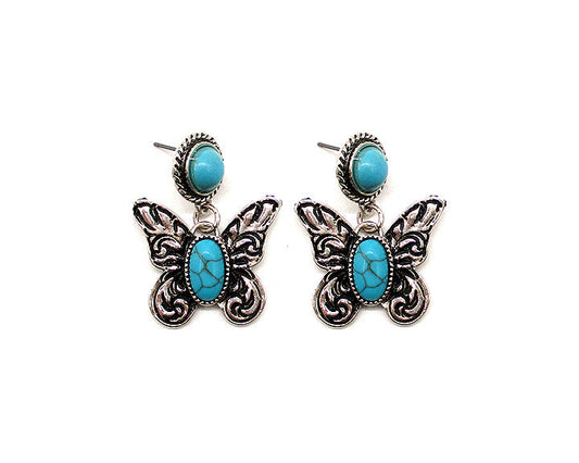 Western Butterfly Engraved Turquoise Earrings