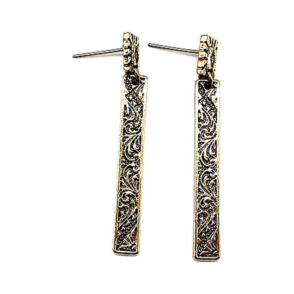 Western Etched Bar Earrings - Antique Gold