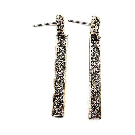 Western Etched Bar Earrings - Antique Gold