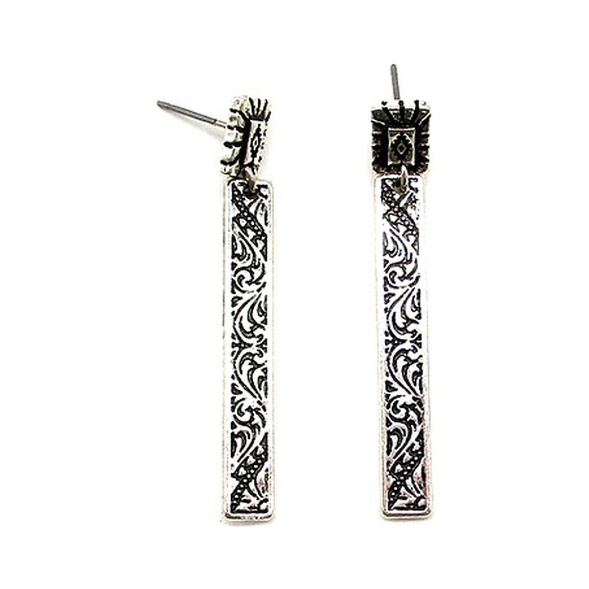 Western Etched Bar Earrings - Silver