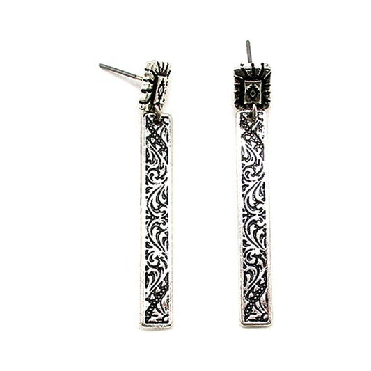 Western Etched Bar Earrings - Silver