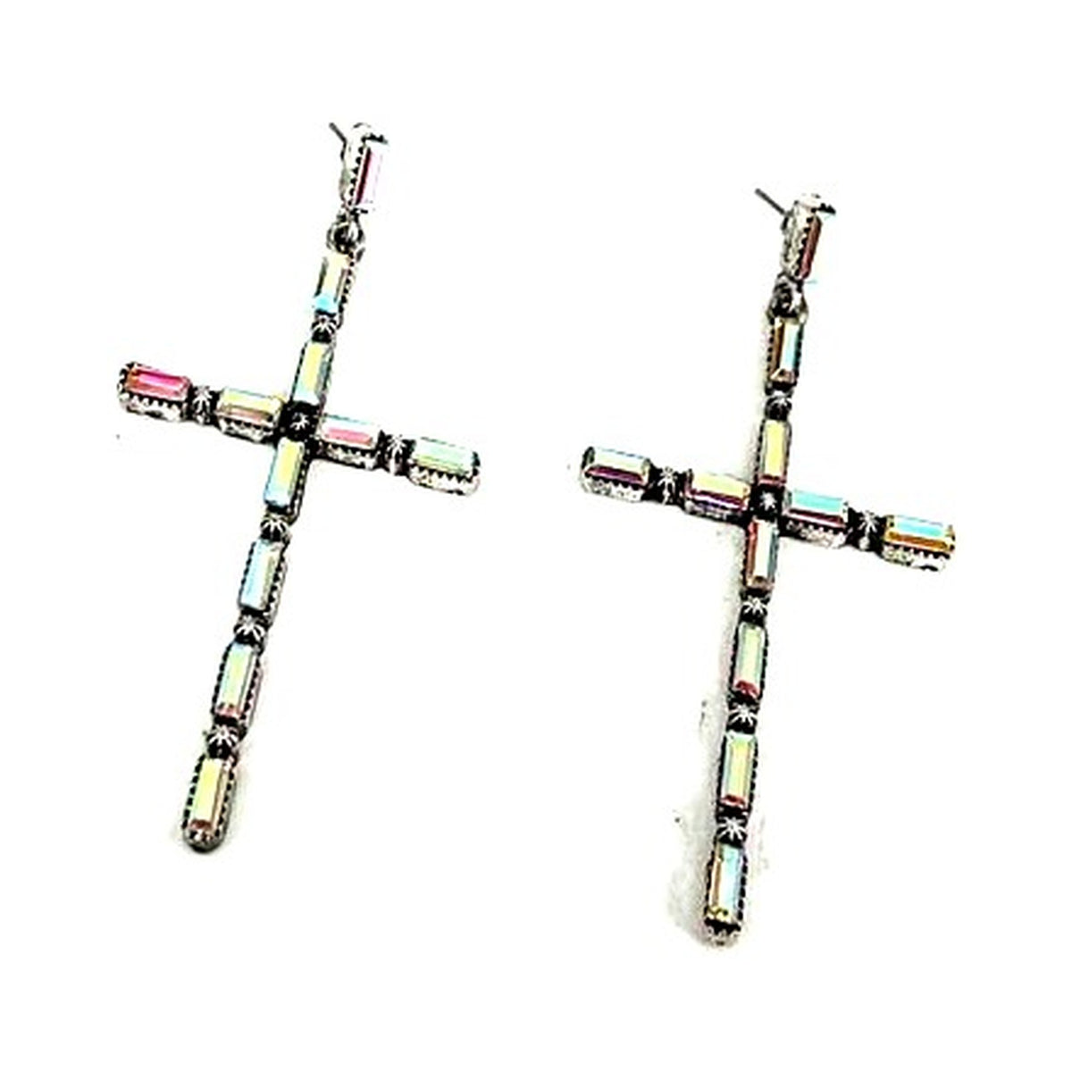 Western Large Crystal Cross Earrings - AB