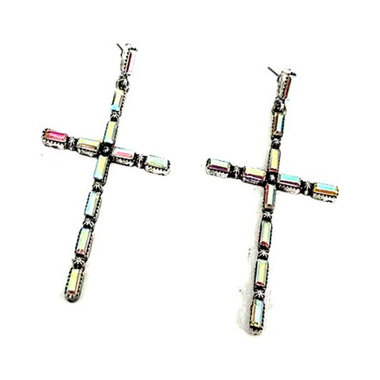 Western Large Crystal Cross Earrings - AB