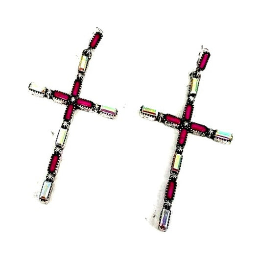 Western Large Crystal Cross Earrings - AB Fuchsia
